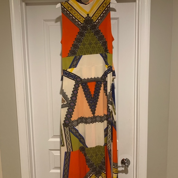 Boston Proper Orange, Blue, Tan, and Black Maxi Dress with scarf waist tie. - Picture 3 of 8